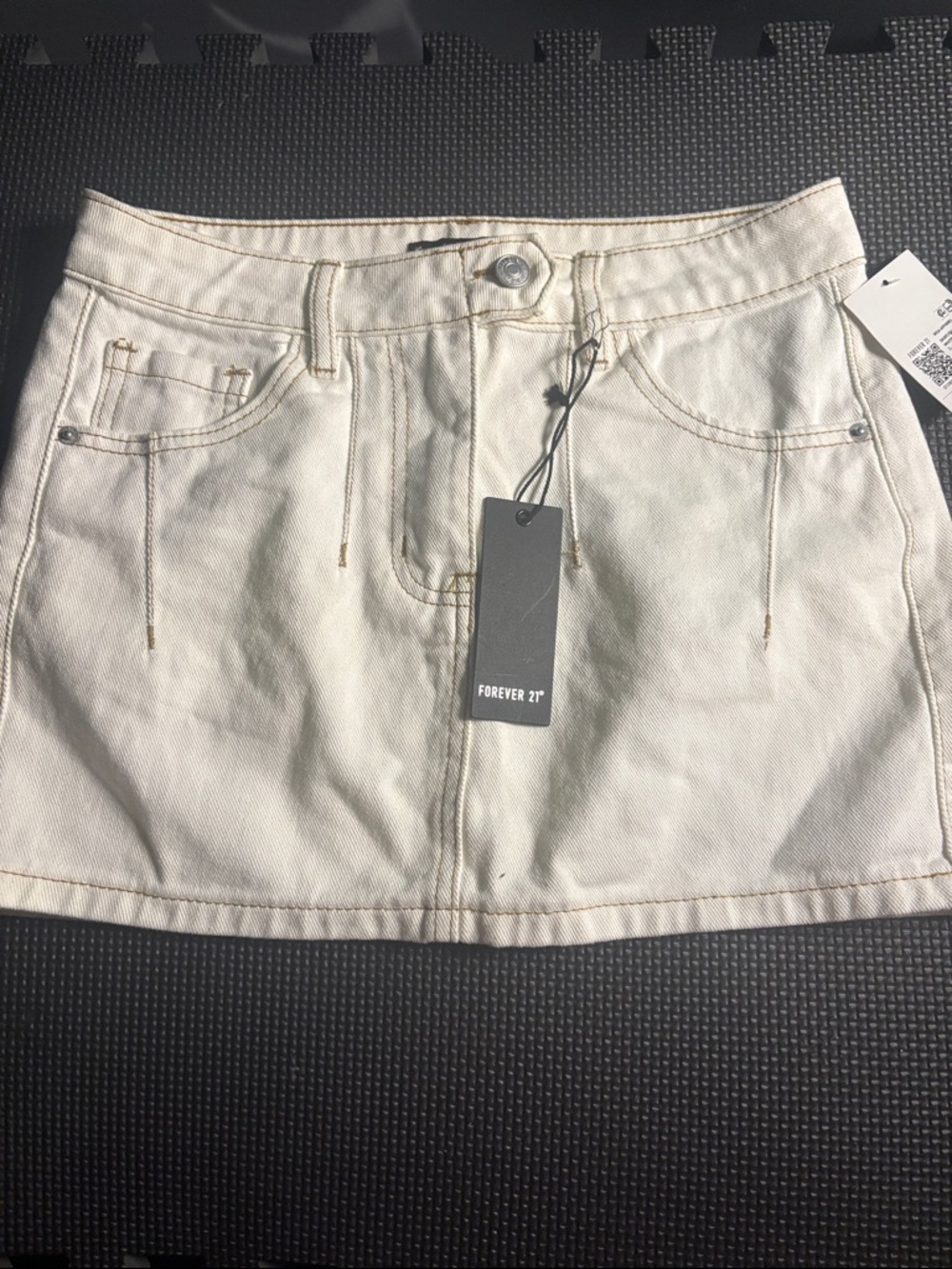 Forever 21 Cream Denim Mini Skirt with Contrast Stitching